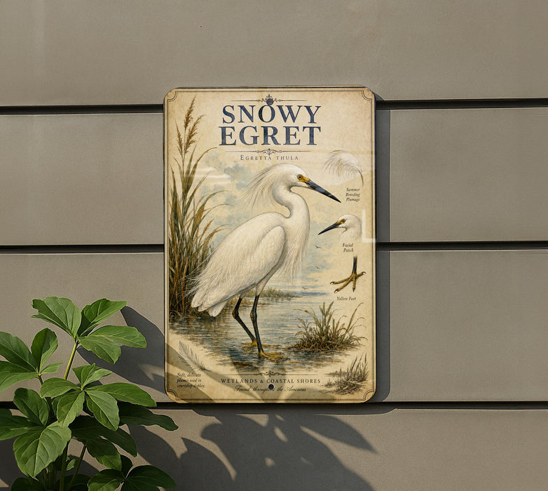 a vintage-style sign with a white egret illustration, mounted on a wall next to a plant.