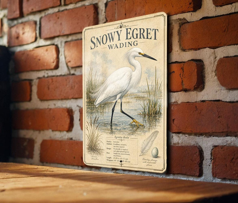 A vintage-style illustration of a snowy egret wading in a marsh, mounted on a brick wall.