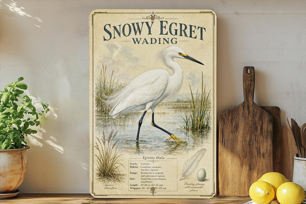 A framed illustration of a snowy egret wading in a marshy area, accompanied by a list of its characteristics and habitat.