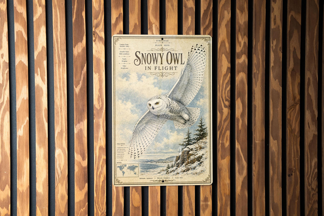 A vintage-style poster of a snowy owl in flight is displayed on a wooden wall.