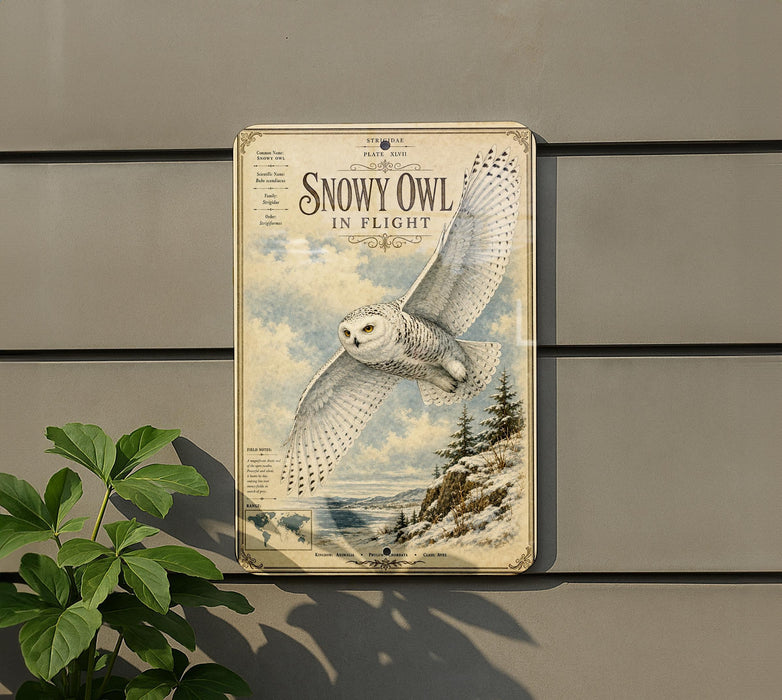 a vintage-style sign depicting a snowy owl in flight, mounted on a wall next to a plant.