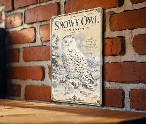 A vintage-style metal sign featuring an illustration of a snowy owl perched on a snowy branch, mounted on a brick wall.