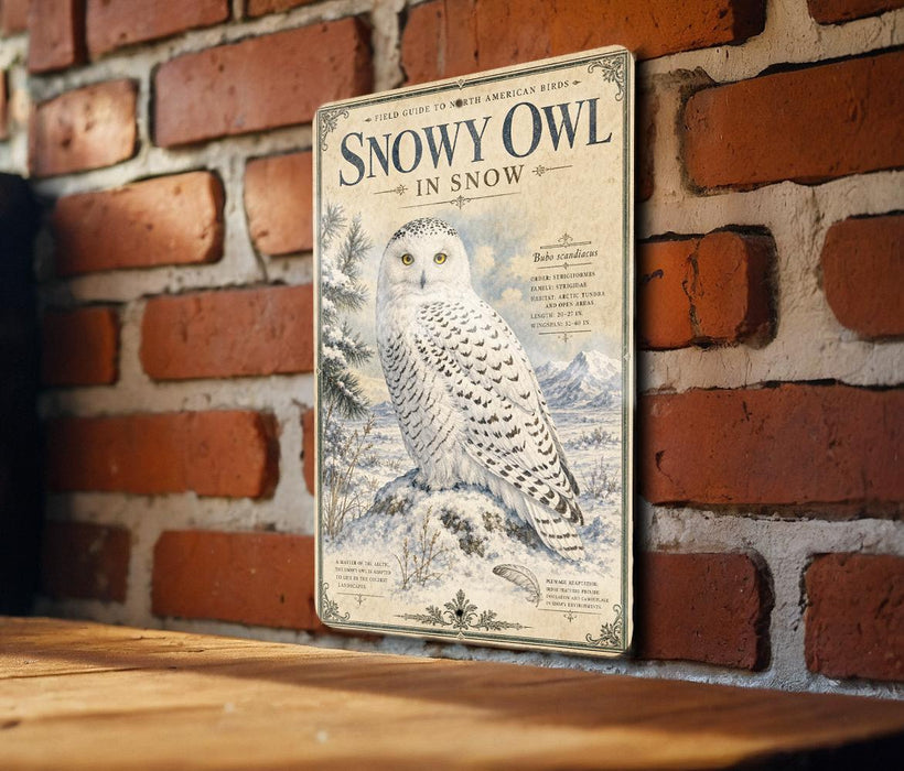 A vintage-style metal sign featuring an illustration of a snowy owl perched on a snowy branch, mounted on a brick wall.