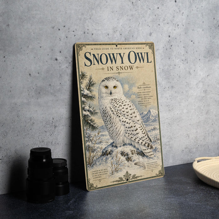 a vintage-style book or magazine cover titled "Snowy Owl in Snow" with an illustration of a snowy owl perched on a snowy branch.