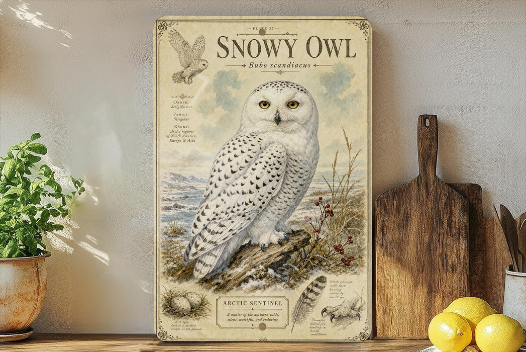 A framed illustration of a snowy owl is displayed on a shelf, accompanied by a wooden cutting board and a potted plant.