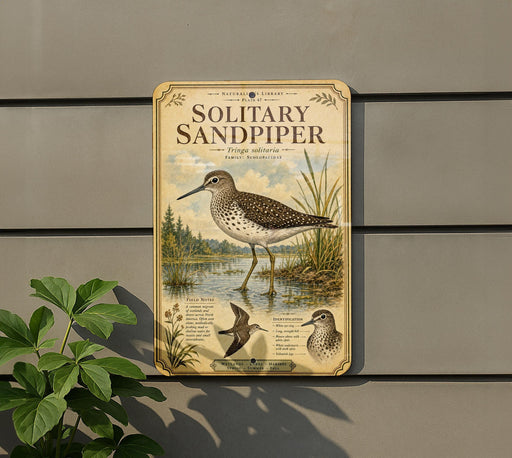 a sign for a "Solitary Sandpiper" bird, which is a type of sandpiper. The sign is mounted on a wall and depicts the bird in a natural setting, with illustrations of the bird and its habitat.