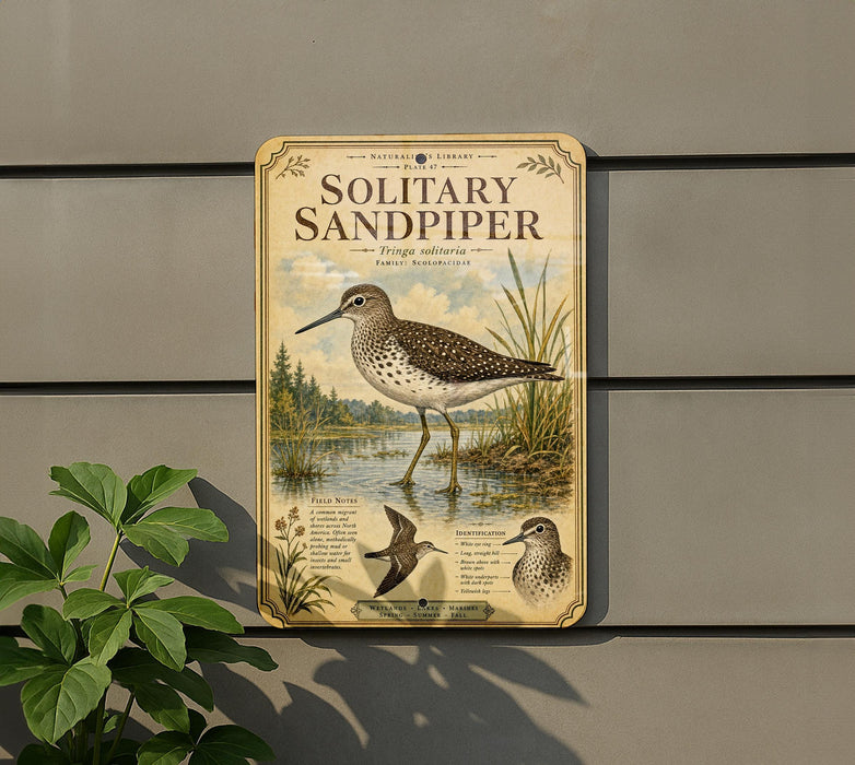 a sign for a "Solitary Sandpiper" bird, which is a type of sandpiper. The sign is mounted on a wall and depicts the bird in a natural setting, with illustrations of the bird and its habitat.
