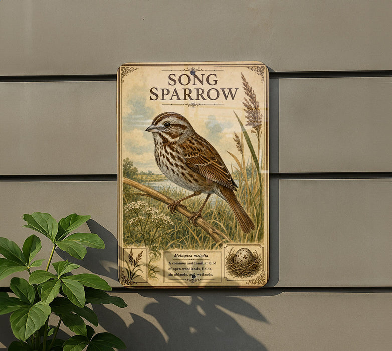 a sign depicting a small brown and white bird, likely a sparrow, perched on a branch with flowers.