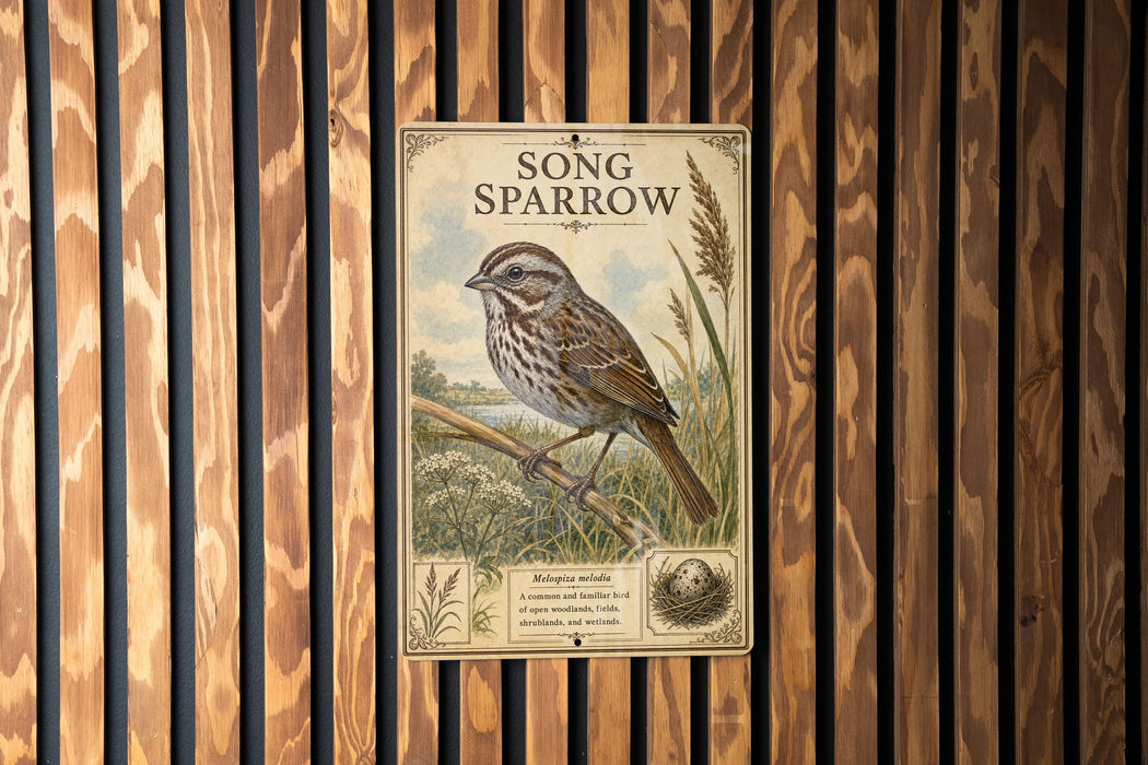 a vintage-style illustration of a sparrow perched on a branch, with a detailed depiction of the bird's features and surroundings.