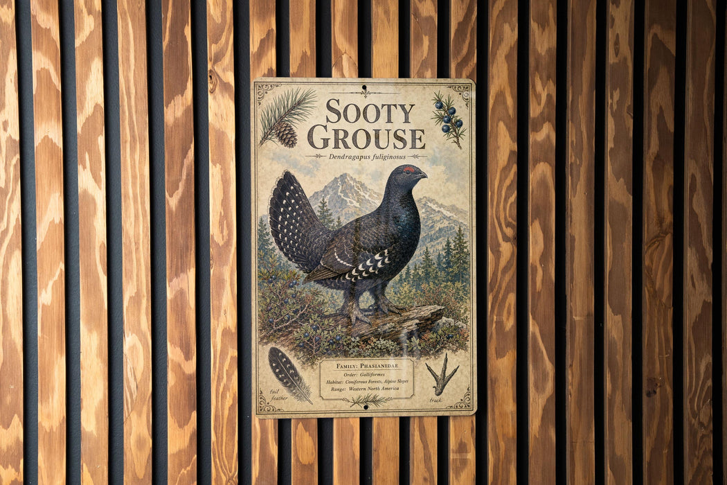 A metal sign with a black and white illustration of a grouse bird, surrounded by text and a decorative border, mounted on a wooden wall.