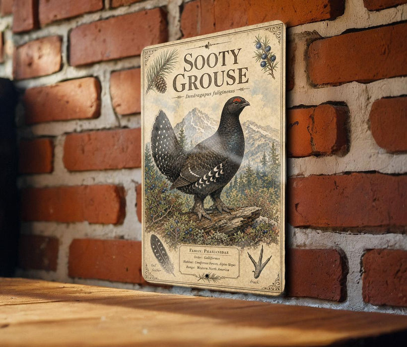 A vintage-style metal sign featuring an illustration of a grouse bird, mounted on a brick wall.