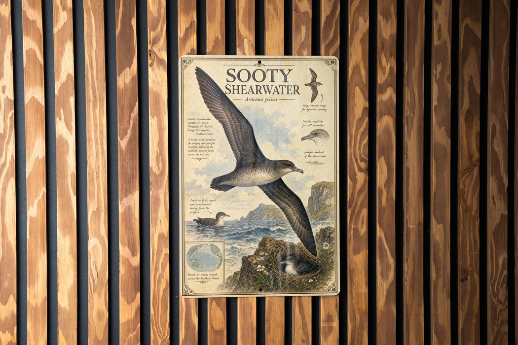 a poster of a seagull, which is a type of bird, hanging on a wooden wall.
