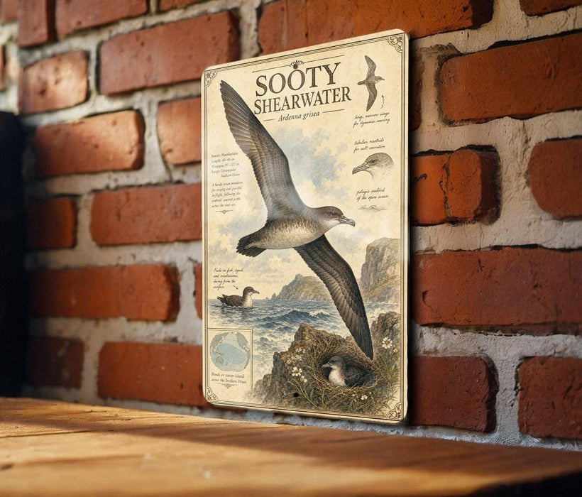 a vintage-style metal sign with illustrations and text, mounted on a brick wall.