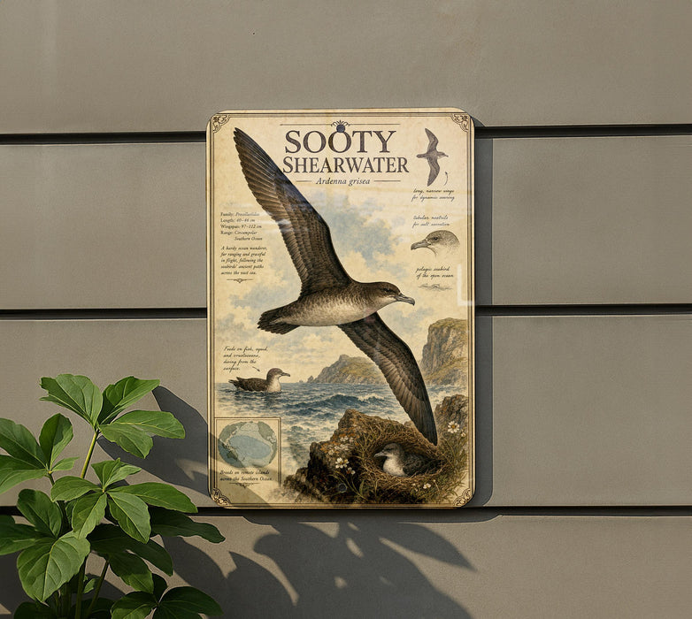 a sign for the Sooty Shearwater, a bird species, mounted on a wall.