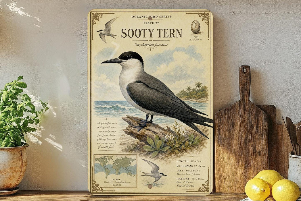 a vintage-style poster of a sea bird, specifically a sea bird called the Sooty Tern, displayed on a shelf next to a wooden cutting board and some potted plants.