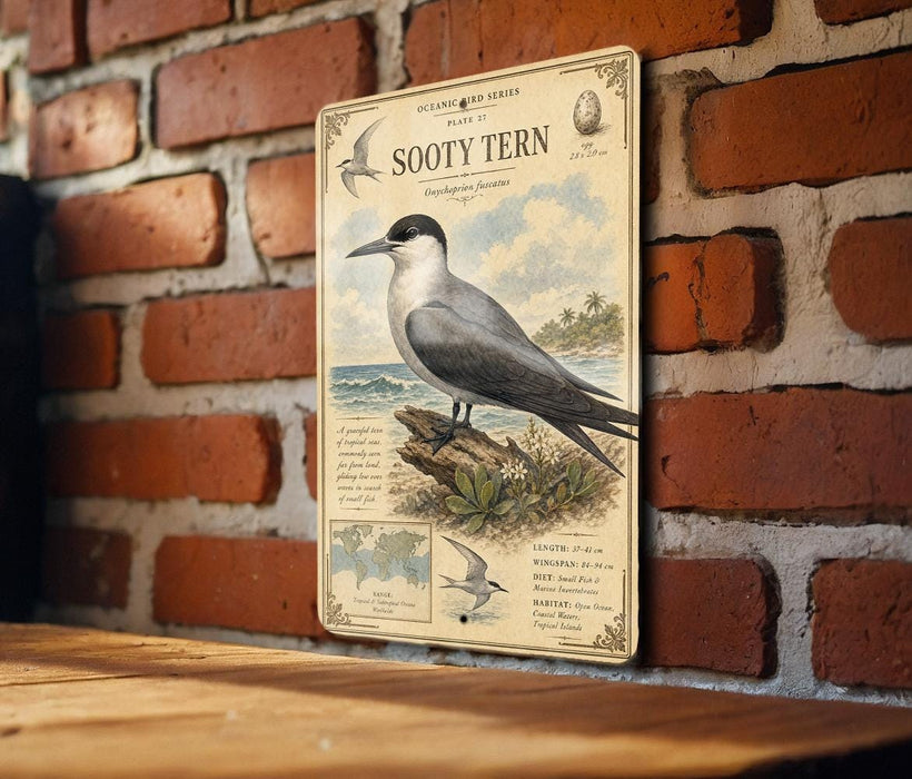 a vintage-style metal sign with a detailed illustration of a sea bird, specifically a sea tern, mounted on a brick wall.
