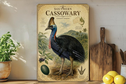 a poster of a cassowary, a large flightless bird native to Australia, displayed on a shelf next to a wooden cutting board and some fruit.