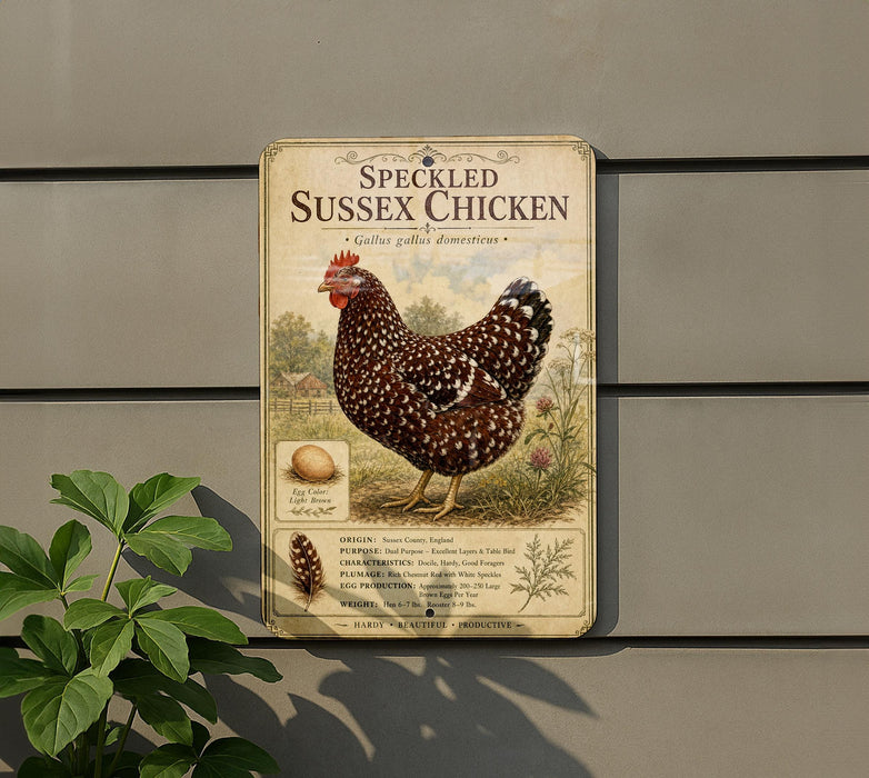 a vintage-style metal sign advertising Speckled Sussex Chicken, with a detailed illustration of the chicken and text providing information about the breed.