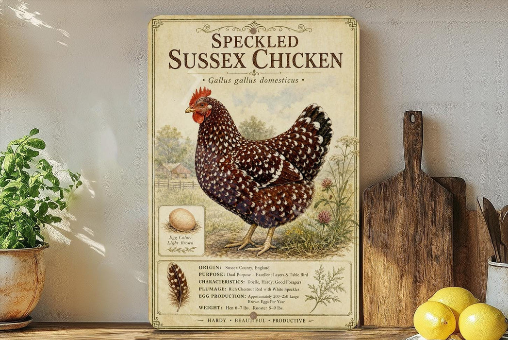 a vintage-style poster or sign about Speckled Sussex chickens, with a detailed illustration of the chicken and text providing information about the breed.