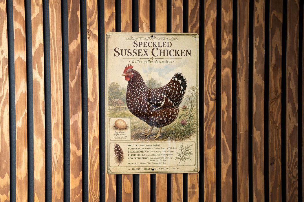 a sign for Speckled Sussex Chicken, which is a breed of chicken known for its speckled feathers. The sign is mounted on a wooden wall with vertical slats.