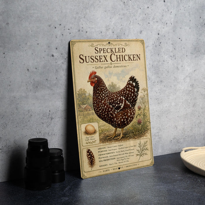 a metal sign with a picture of a speckled chicken, along with text and illustrations, placed on a table next to some black camera lenses.