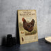 a metal sign with a picture of a speckled chicken, along with text and illustrations, placed on a table next to some black camera lenses.