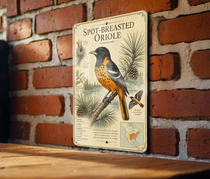a vintage-style illustration of a spotted oriole, a type of bird, perched on a branch against a brick wall.