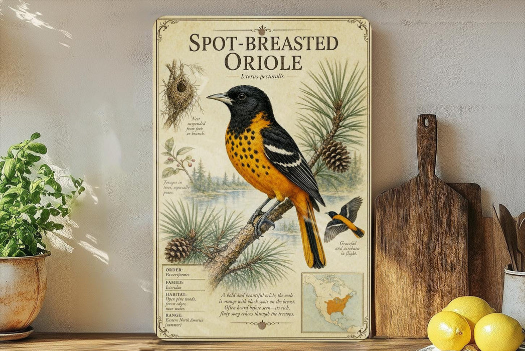 a framed illustration of a black and yellow oriole perched on a pine branch, surrounded by pine cones and pine needles. The illustration is accompanied by a map of the United States and a list of the bird's characteristics, such as its black and yellow plumage, orange breast, and black wings. The image is set against a backdrop of a kitchen counter with various kitchen utensils and a potted plant.