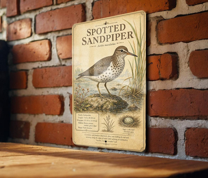 a vintage-style metal sign with a detailed illustration of a spotted sandpiper bird, mounted on a brick wall.