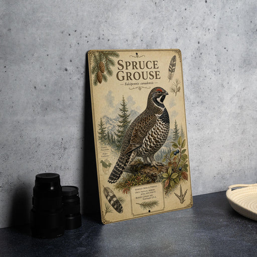 a vintage-style metal sign with an illustration of a pine grouse, surrounded by pine trees and other natural elements.