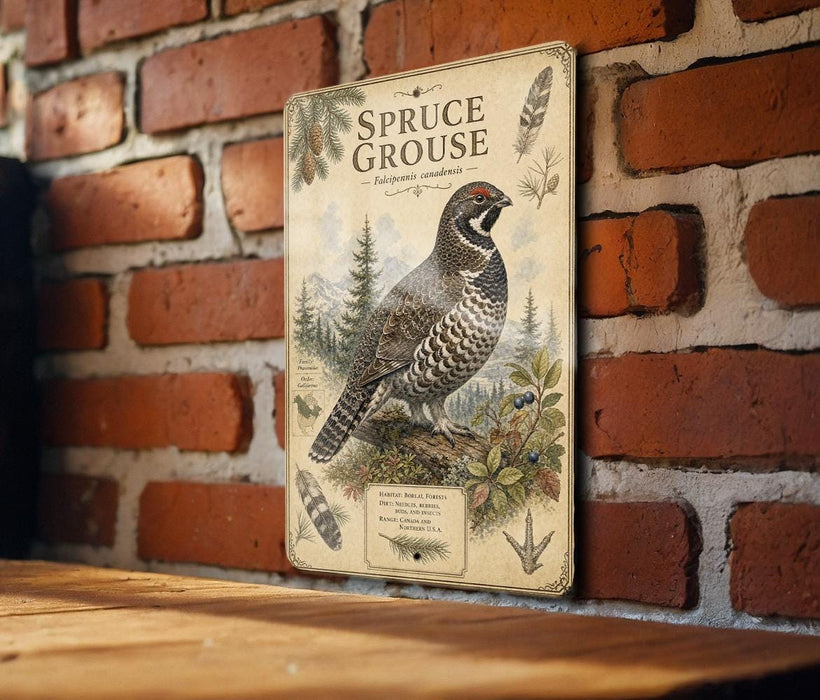 a vintage-style metal sign with a detailed illustration of a pine grouse, mounted on a brick wall.