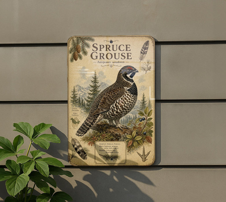 a vintage-style metal plaque with a detailed illustration of a pine grouse, a type of bird, perched on a branch surrounded by pine trees and foliage.