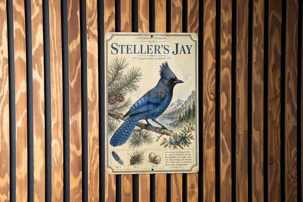 a vintage-style metal sign with a blue jay illustration, mounted on a wooden wall.