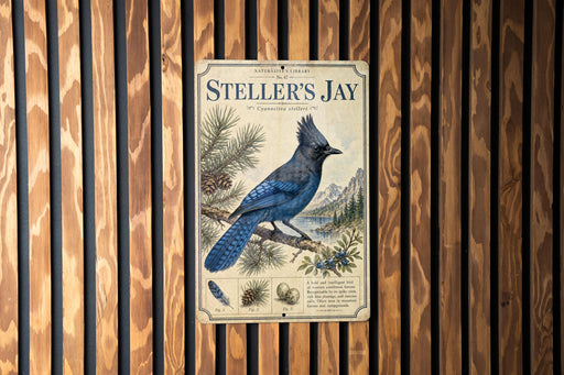 a vintage-style metal sign with a blue jay illustration, mounted on a wooden wall.