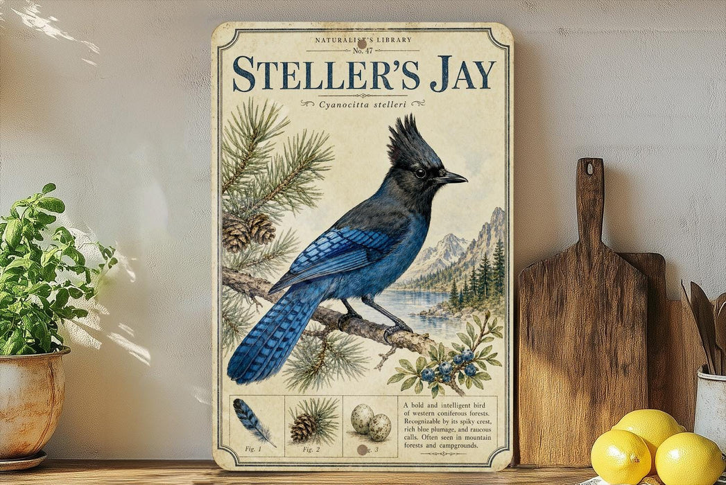 a vintage-style poster of a blue jay perched on a branch, surrounded by pine cones and other natural elements, displayed on a shelf next to a wooden cutting board and a potted plant.