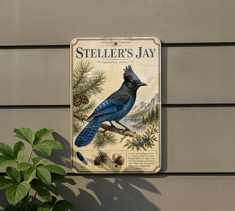 a vintage-style metal sign with a blue jay illustration, mounted on a wall next to a plant.