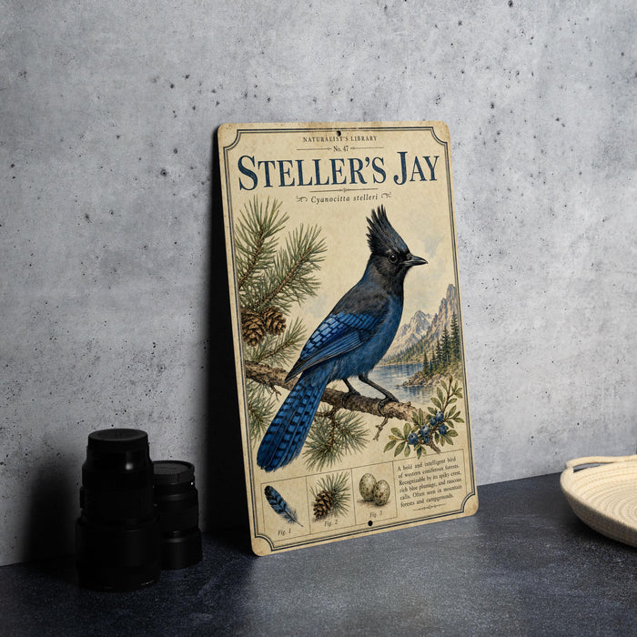 a vintage-style metal sign with a blue jay illustration, placed on a countertop next to some black camera lenses.