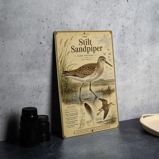 A metal plate with illustrations and text about a sandpiper bird, placed on a table next to some black camera lenses.