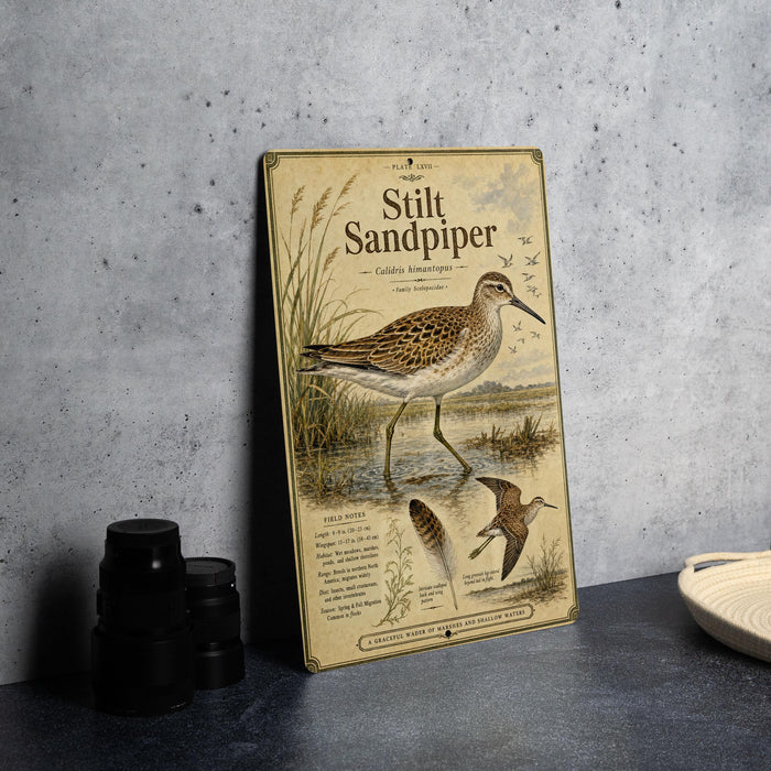 A metal plate with illustrations and text about a sandpiper bird, placed on a table next to some black camera lenses.