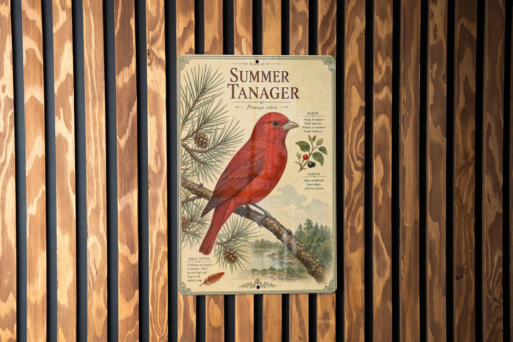 A vintage-style poster of a red cardinal bird perched on a branch, with a pine tree and other natural elements in the background.