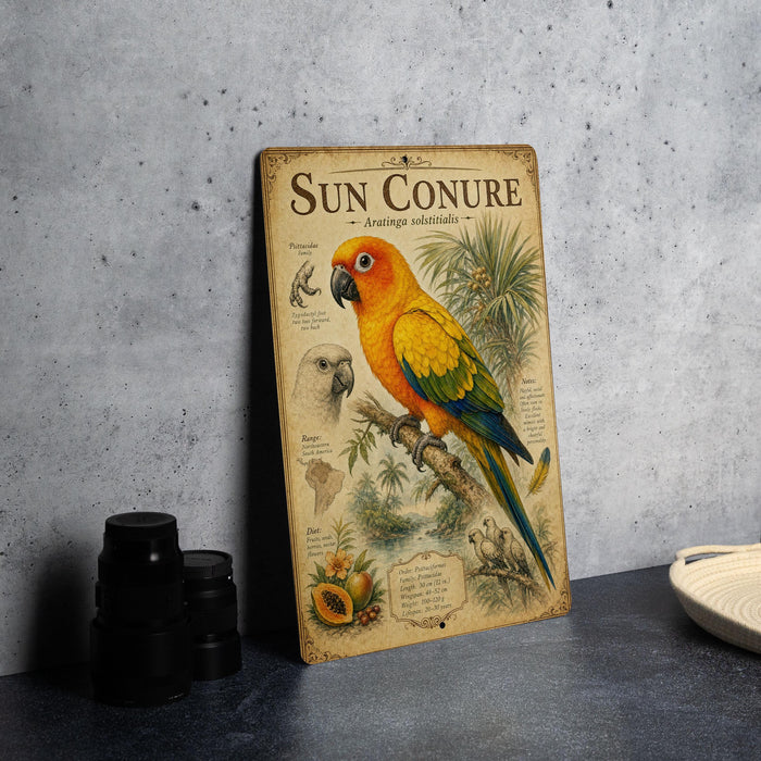 A vintage-style poster or book titled "Sun Conure" featuring a colorful parrot perched on a branch, surrounded by various tropical fruits and plants.
