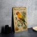 A vintage-style poster or book titled "Sun Conure" featuring a colorful parrot perched on a branch, surrounded by various tropical fruits and plants.