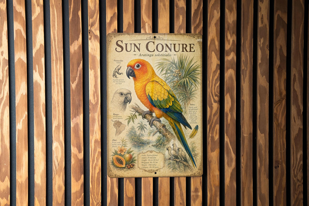 A vintage-style poster of a parrot, specifically a Sun Conure, is displayed on a wooden wall.