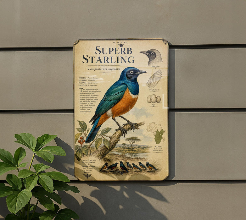 a vintage-style informational sign about the Superb Starling, a bird species, mounted on a wall.