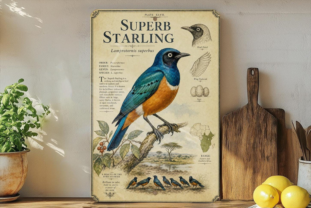 a poster of a Superb Starling, a bird species, with illustrations and text providing information about the bird.
