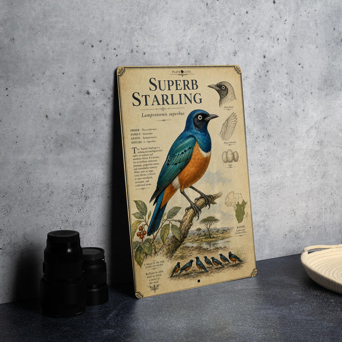 a vintage-style metal plaque with illustrations and text about the Superb Starling, a bird species.