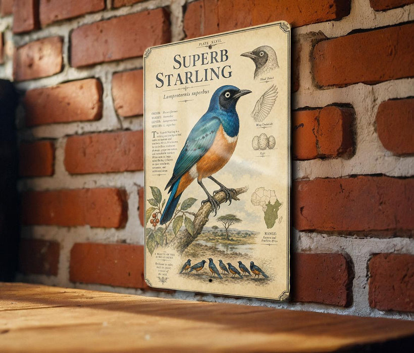 A vintage metal sign with illustrations and text about the Superb Starling, a bird species, is mounted on a brick wall.