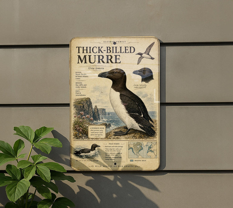 a sign with information about a thick-billed murre, a type of bird, mounted on a wall.