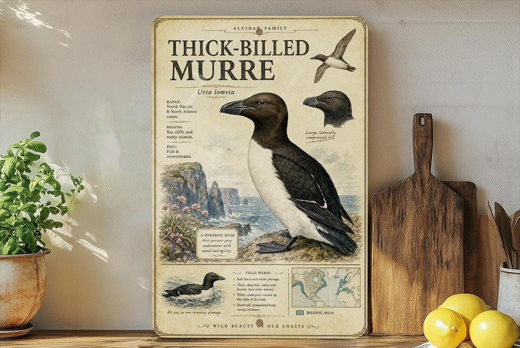 The image is a poster or informational display about the Thick-Billed Murre, a bird species native to the Atlantic coast of North America. The poster features illustrations and text providing details about the bird's physical characteristics, habitat, and behavior.