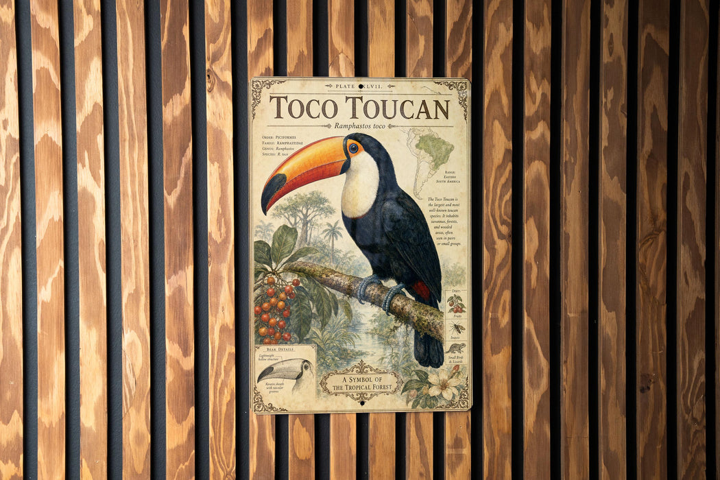 A vintage-style poster of a toucan, featuring a detailed illustration of the bird and its natural habitat, is displayed on a wooden wall.